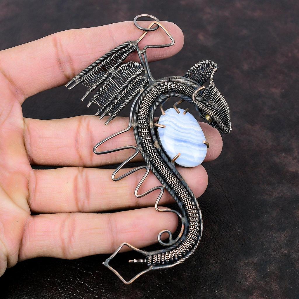 Синий Кружевной Агат Кулон Медная Проволока Обернутый Кулон Дракон Кулон Медные Ювелирные Изделия Ручной Работы Совершенно Новый Кулон Ювелирные Изделия Из Драгоценных Камней Свадебные Подарки