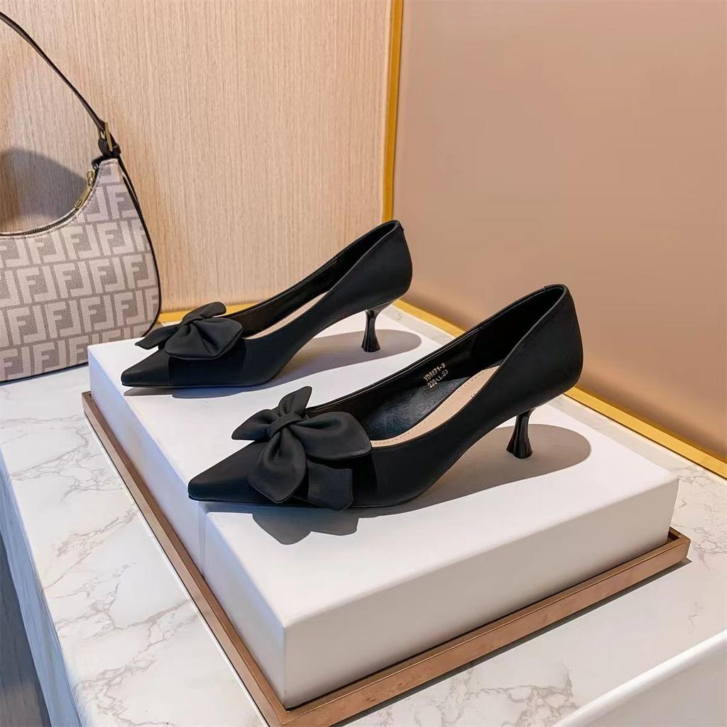 Shoes for Women 2024 Stilito Ladies Summer Footwear Green Pointed Toe with Bow Medium Heels Evening Slip On Popular High Quality