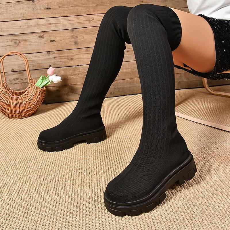 Мода Женская обувь Эластичная ткань Носок Ботильоны Комфорт Большие размеры Обувь Женские сапоги до середины голени Досуг De Mujer Женские сапоги на платформе