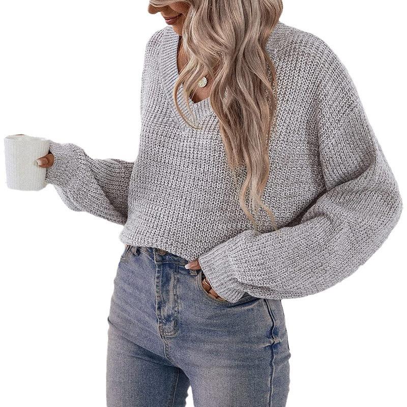 Женский осенне-зимний однотонный свободный свитер с длинным рукавом и V-образным вырезом