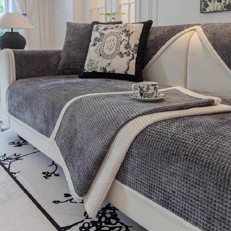 Waffle Chenille Sofa Cushion Non-Slip Plaid Backrest Armrest Towel Universal Living Room Four Seasons Simple