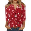 Женская футболка с рождественским принтом, на пуговицах, рукав 3/4, повседневная, выходного дня, модная, базовая, с V-образным вырезом, стандартный топ