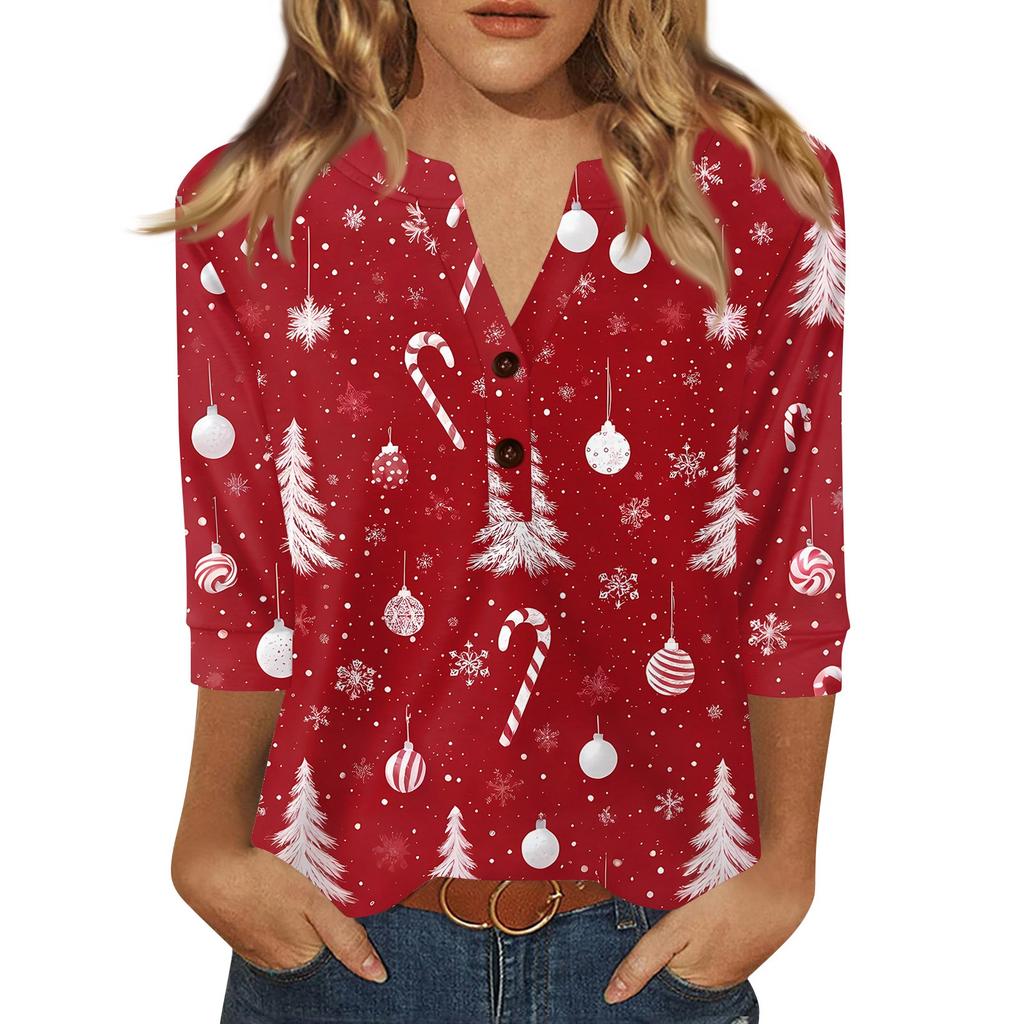 Женская футболка с рождественским принтом, на пуговицах, рукав 3/4, повседневная, выходного дня, модная, базовая, с V-образным вырезом, стандартный топ