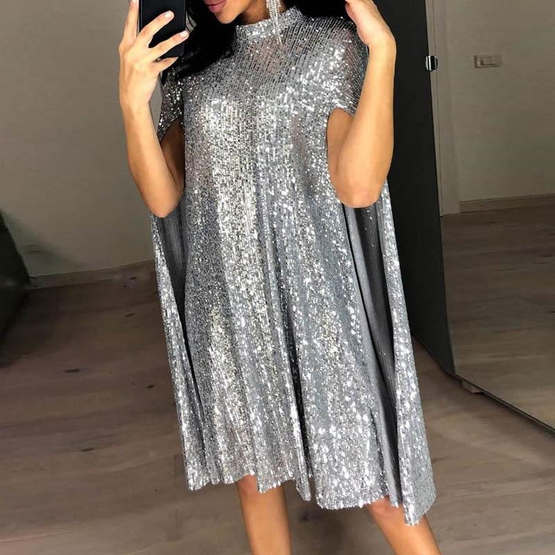 2025 Spring European-American Stand Collar Sequin Dress for Women