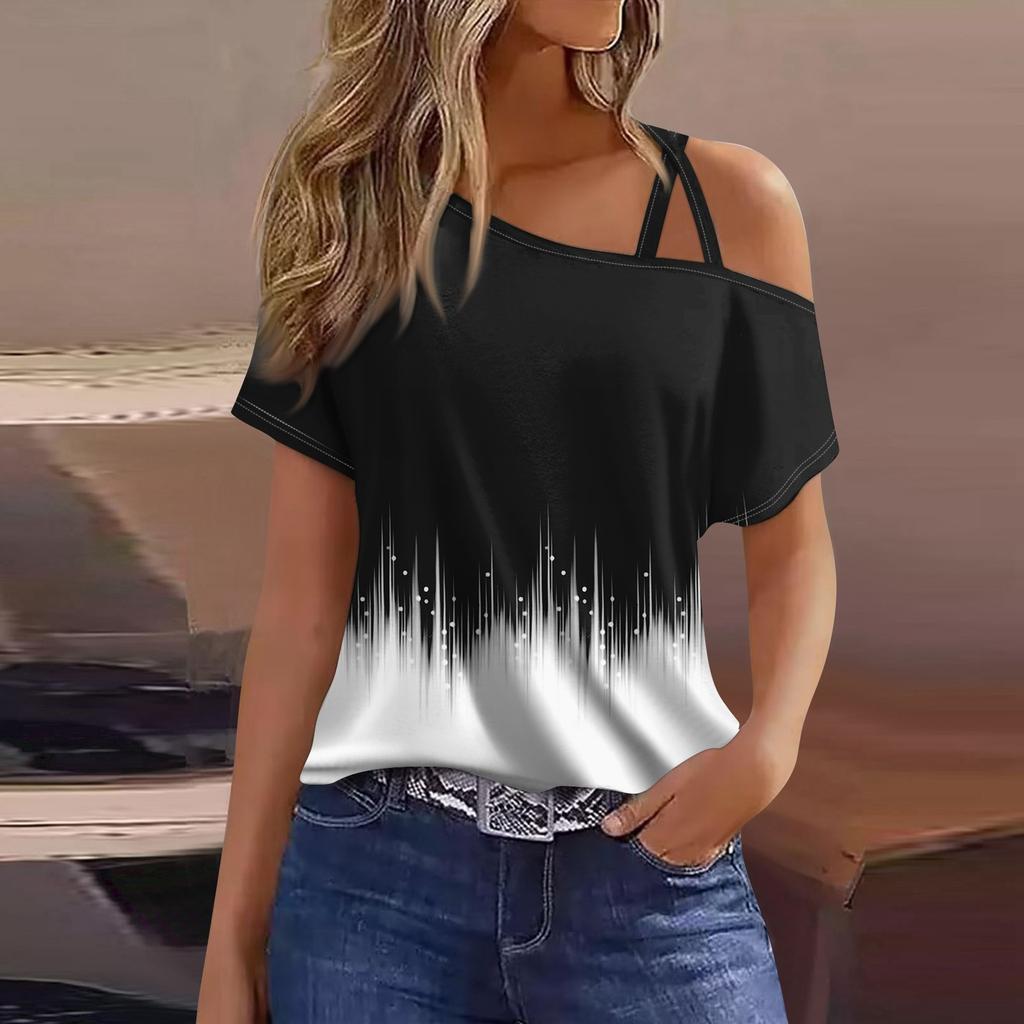 Women's Fashion Casual Print Sexy Cold Shoulder Short Sleeve T-shirt Top