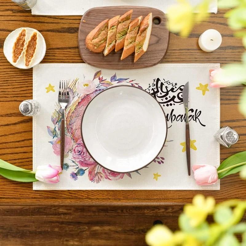 Рамадан Карим Льняные Салфетки под Тарелки, Украшения для Стола, Мусульманские Исламские Принадлежности для Вечеринки, Ид аль-Фитр Мубарак Семейные Украшения