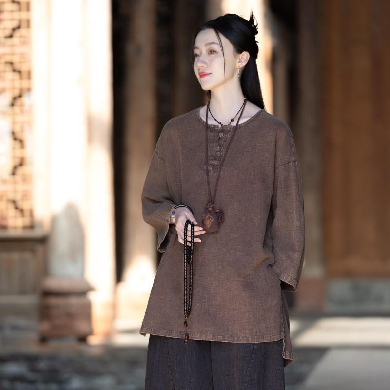 Johnature Женские винтажные футболки в китайском стиле с круглым вырезом и семью рукавами, однотонные свободные футболки с весенними пуговицами