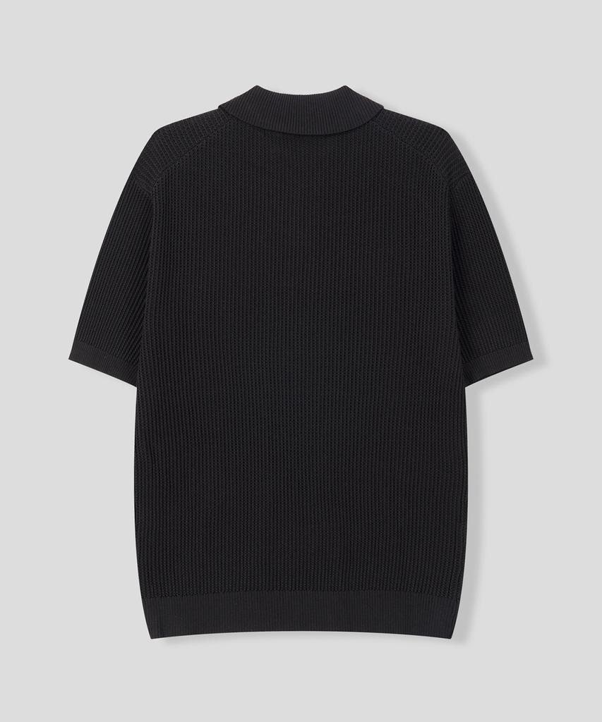 BLACK MOMENT Minimal Waffle Collar Knit Short Sleeve Tee [Black]