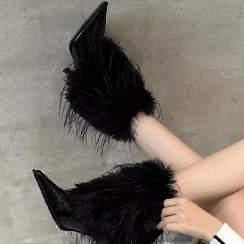 Fashion Fur Women Ankle Boots Sexy Pointed Toe High Heels Shoes Designer 2025 Winter Trend New Fashion Boots Dress Party Woman Pumps