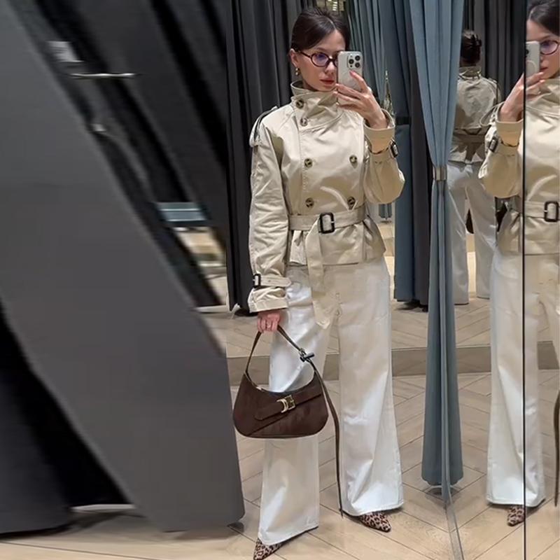 Короткий тренч на шнуровке со стойкой воротником, женский, с длинным рукавом, двубортный, тонкий приталенный жакет, ветровка для通勤, осенняя верхняя одежда 2025