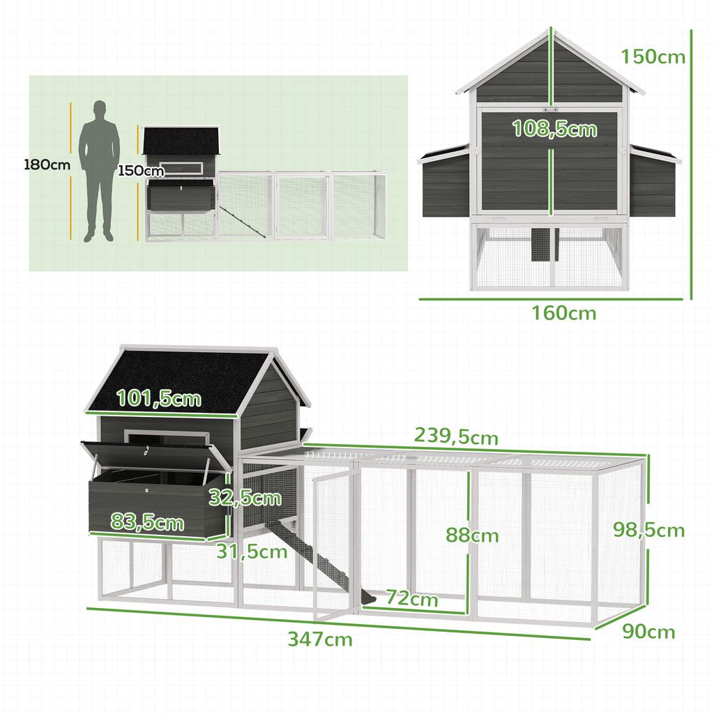 Wooden Chicken Coop with Run Nesting Box Asphalt Roof Pull-Out Tray for 4-6 Chickens 347x160x150 cm Dark Grey
