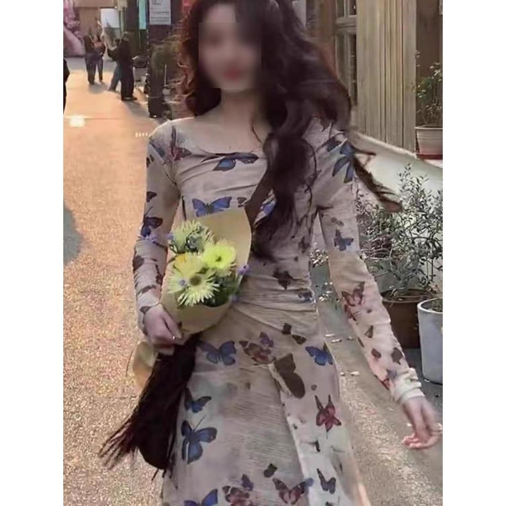 New French temperament high-end printing one-word shoulder dress casual irregular long skirt women's spring and autumn