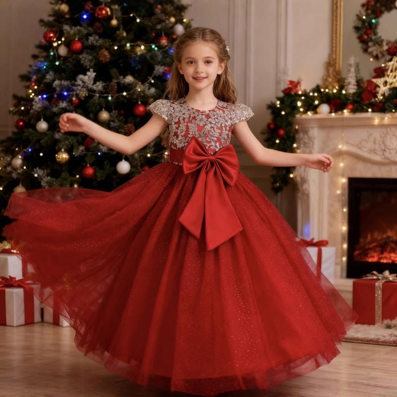 Girls Princess Tulle Dress Piano Performance Wedding Party Christmas Evening Gown Size 120-170cm