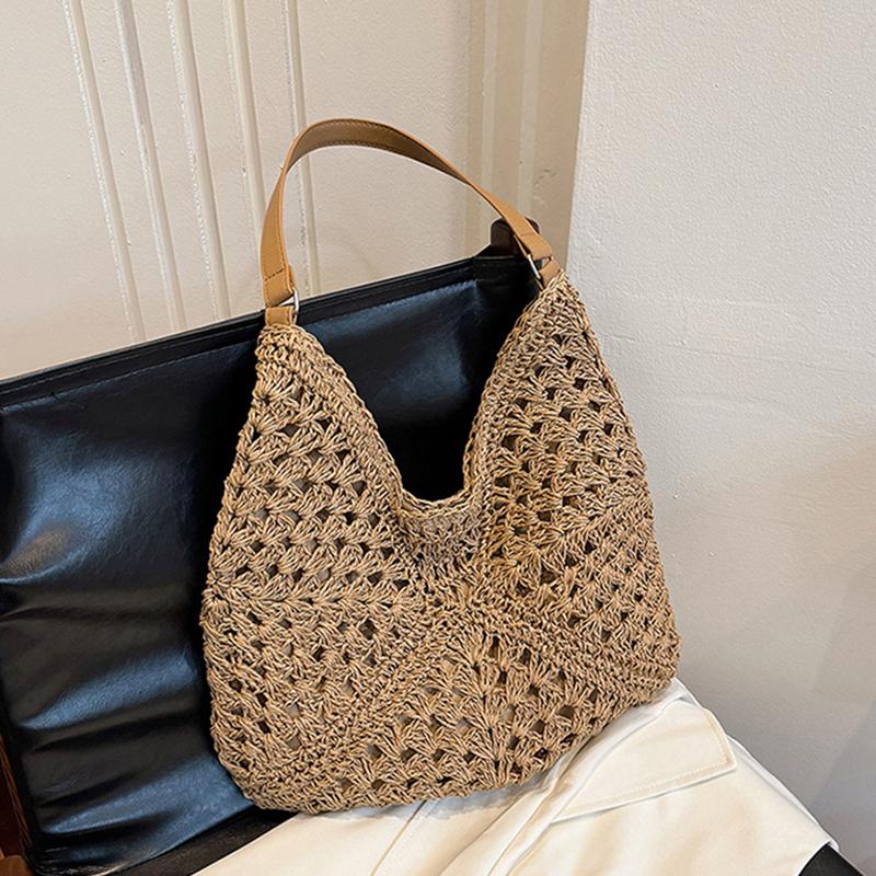 Летняя соломенная вязаная сумка, ажурная сумка-тоут, однотонная пляжная сумка через плечо, праздничная дорожная сумка, сумка через плечо в стиле бохо для женщин