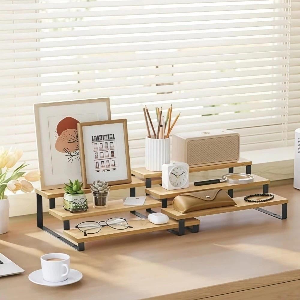 Large Capacity Expandable Step Storage Rack Bamboo Model Display Stand For Kitchen