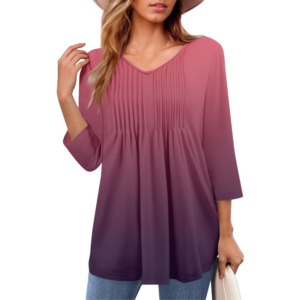 Женские топы с V-образным вырезом и рукавом три четверти в полоску, плиссированные, повседневные, летние, модные, рубашки