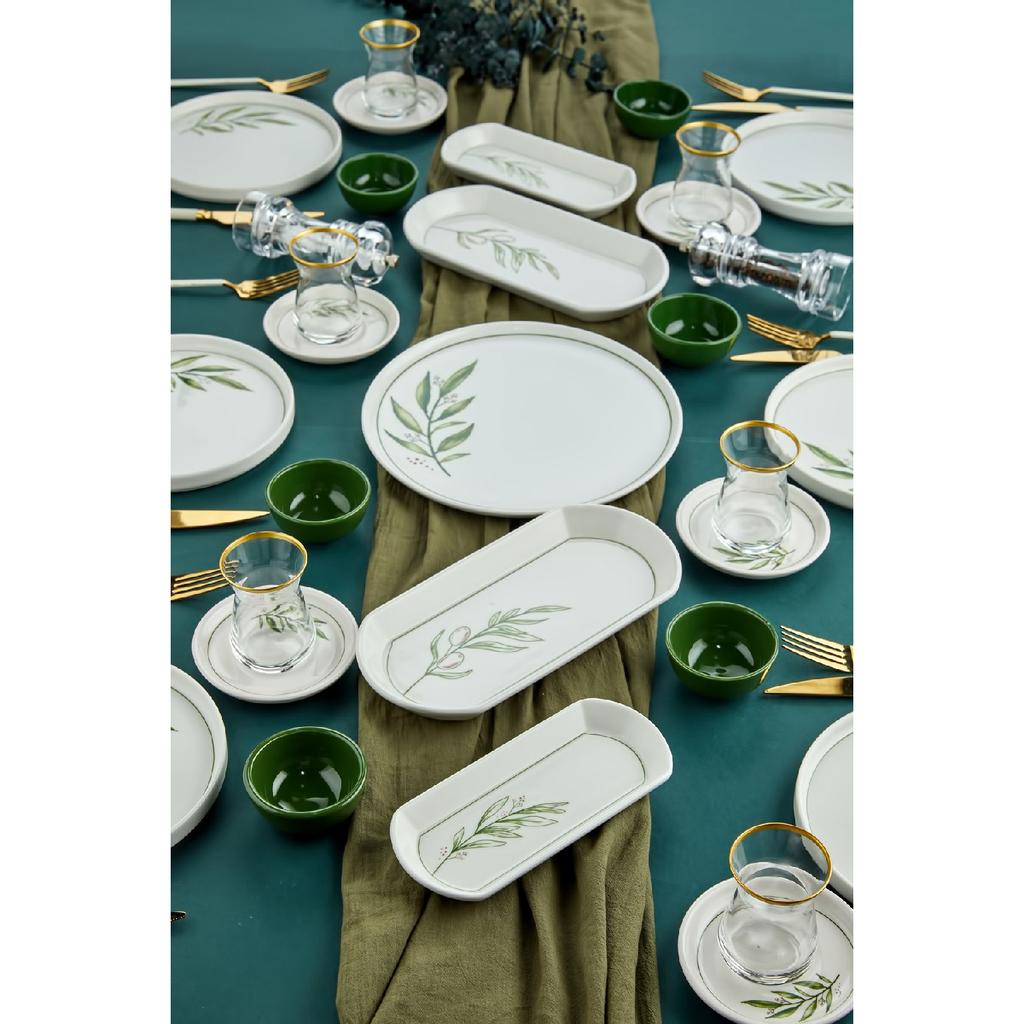 Botanical Green Camellia Leaf Patterned Luxury Ceramic 14 Piece Breakfast Set For 6 Persons