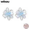 Real 925 Sterling Silver Blue and Pink Gradual Enamel Flower Stud Earrrings for Girl Jewelry Gift