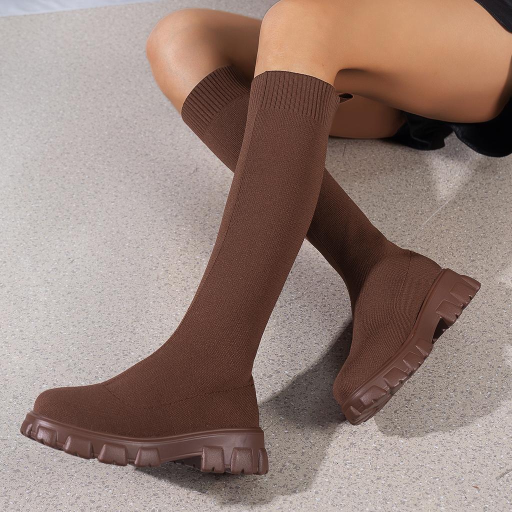 2024 Thick Sole Knitted Long Boots for Women 2024 Elastic Socks Shoes Boots Over Knee Round Toe Low Heels Botas De Mujer 2024