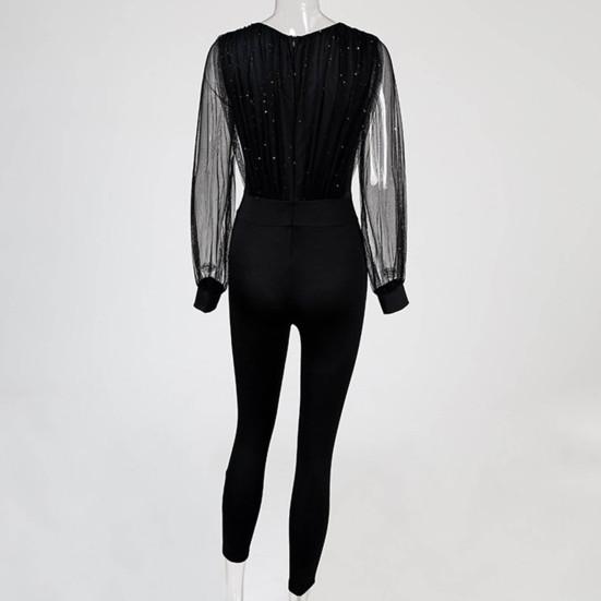 Женский весенний комбинезон, сетчатый обтягивающий элегантный комбинезон с V-образным вырезом и талией для офиса