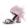 Модные новые розовые сатиновые босоножки на высоком каблуке с перьевой пуговицей, женские летние модные сексуальные туфли на толстом каблуке для свадьбы и вечеринки, размер 41