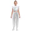 Girls Hip-Hop Dance Costume Mock Neck Rhinestone Mesh Patchwork Sleeveless Metallic Ruffle Top Paired with Shiny Cargo Pants for Competition