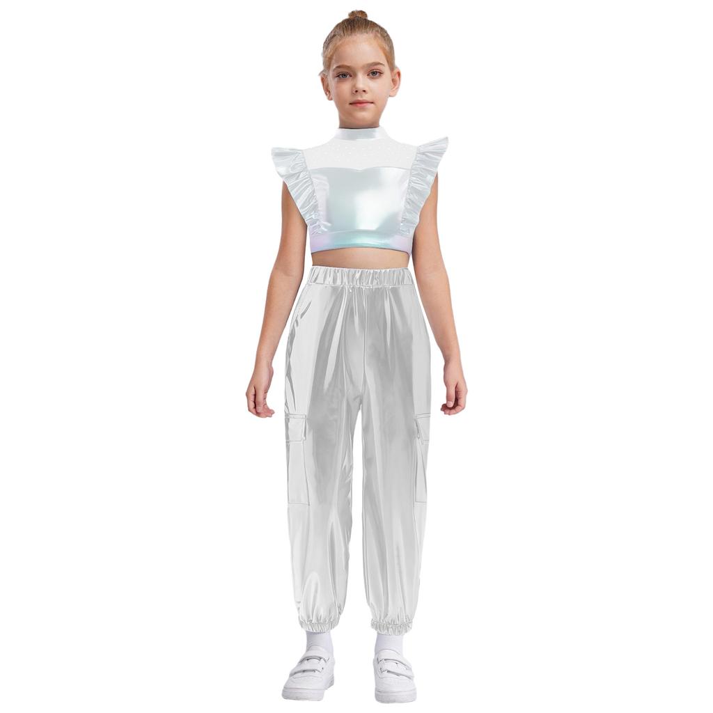 Girls Hip-Hop Dance Costume Mock Neck Rhinestone Mesh Patchwork Sleeveless Metallic Ruffle Top Paired with Shiny Cargo Pants for Competition