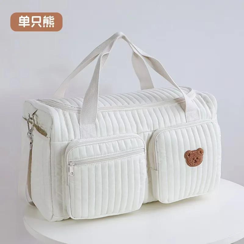 New Luggage Bag Diaper Bag Cute Bear Flower Embroidery Pattern Tote Bag Beige Cotton Fabric Zipper Diaper Handbag