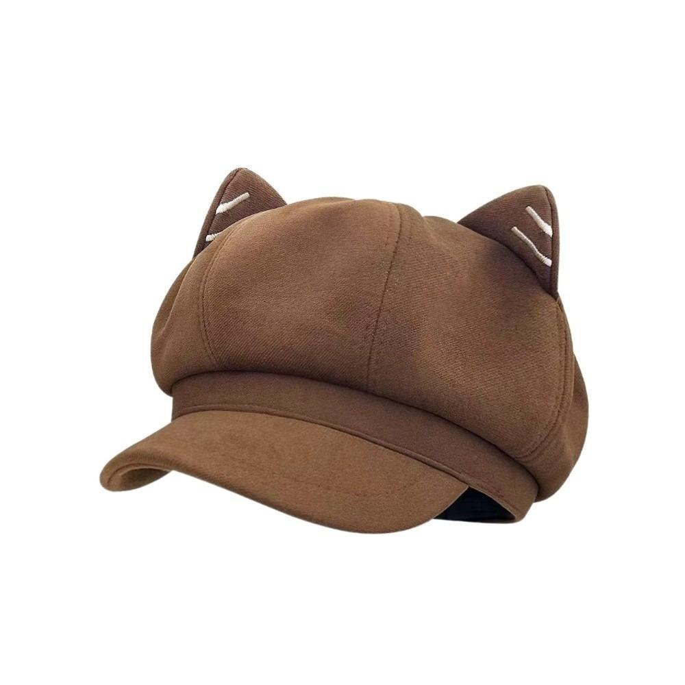 Woolen Cat Ear Hat Solid Color Octagonal Cap Retro British Beret Hat  Painter