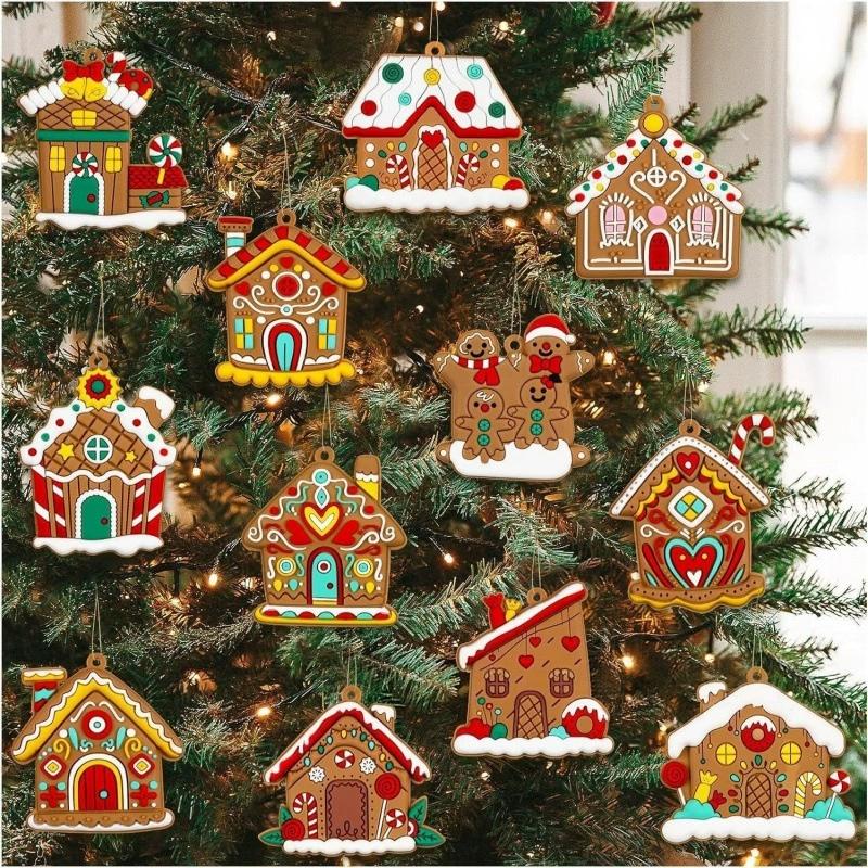 12pcs/set Red and White Wooden Christmas Ball Ornament, Elk Snowflake Pattern Christmas Party Hanging Decoration Supplies Winter