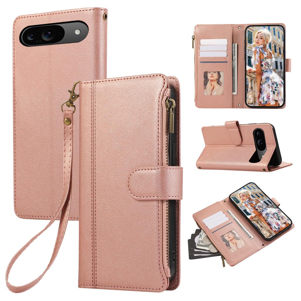 For Google Pixel 9/Pixel 9 Pro Case Multi Card Slots Zipper Leather Phone Cover with Wrist Strap
