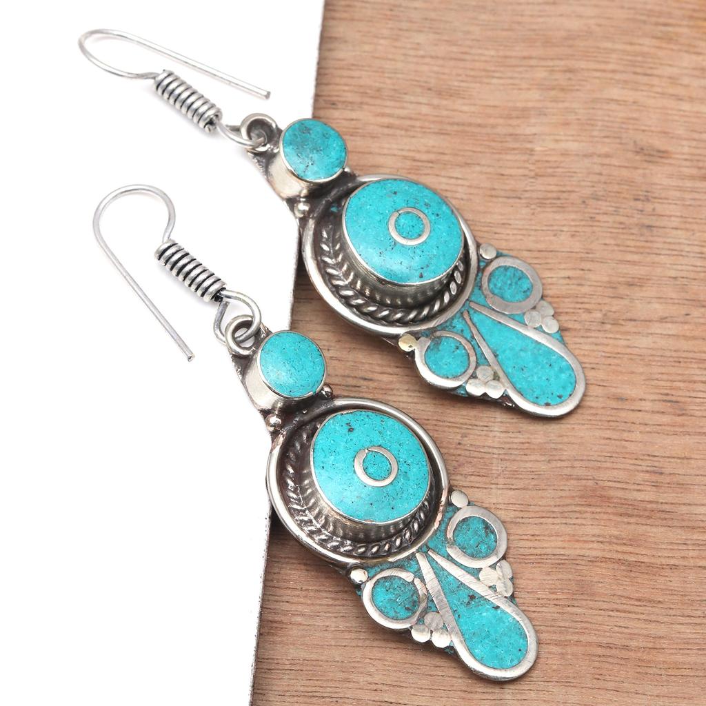 Tibetan Turquoise Coral Red Earrings Nepali Tribal 12gms 1.5" 1.6" Chunky Gift