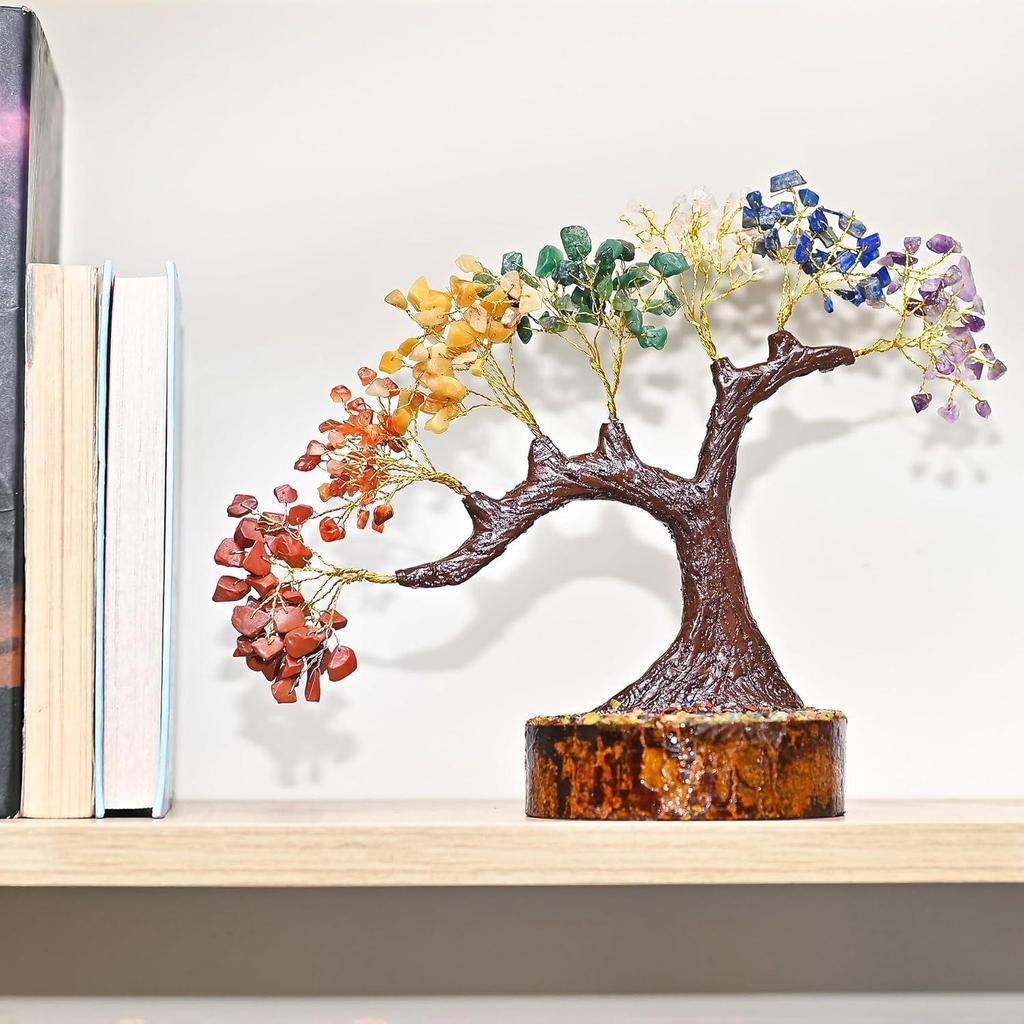 Seven Chakra Crystal Tree – Handmade Feng Shui Bonsai Tree with Natural Gemstones on Wooden Base – Decorative