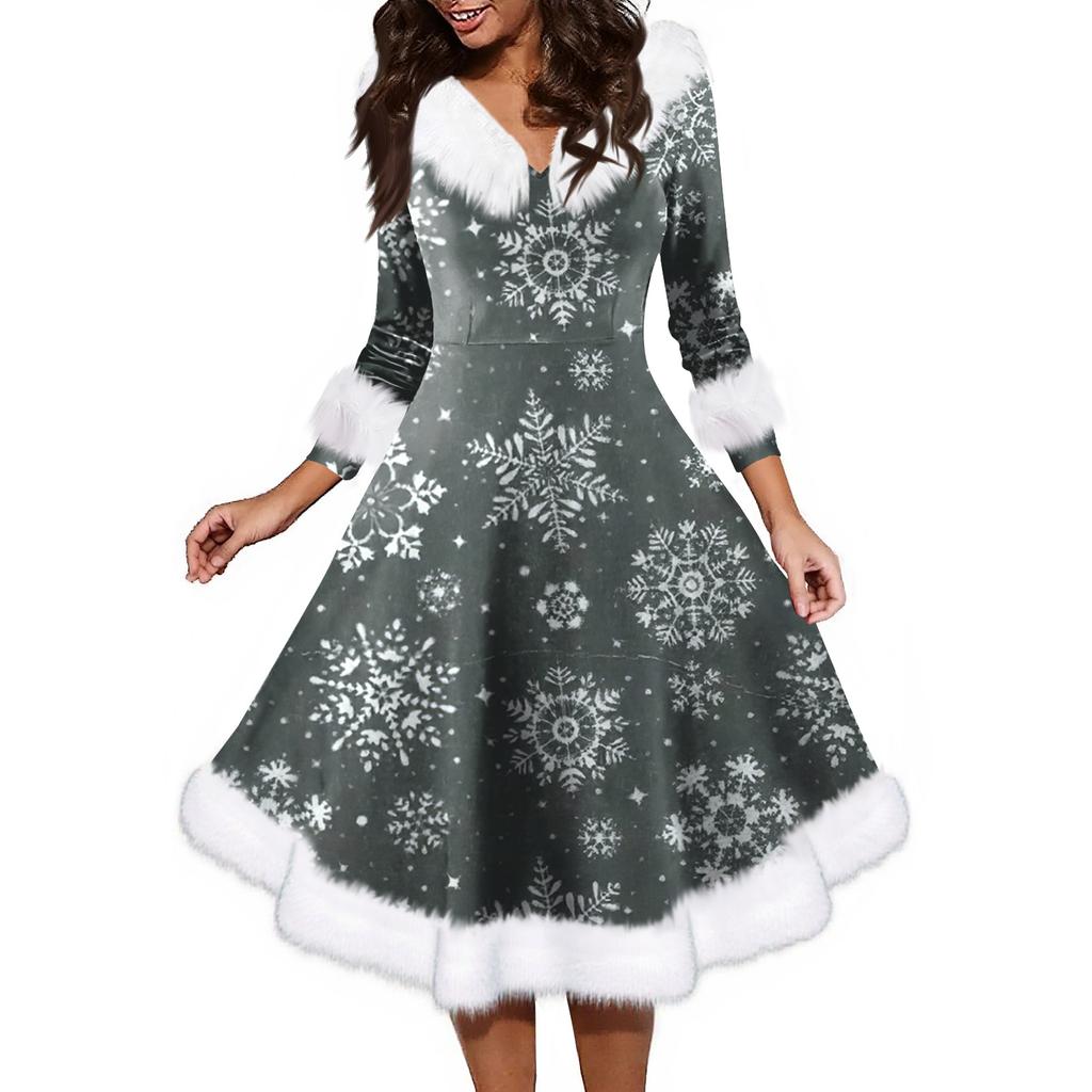 Женское модное повседневное платье с v-образным вырезом и рождественским принтом для вечеринки с длинными рукавами