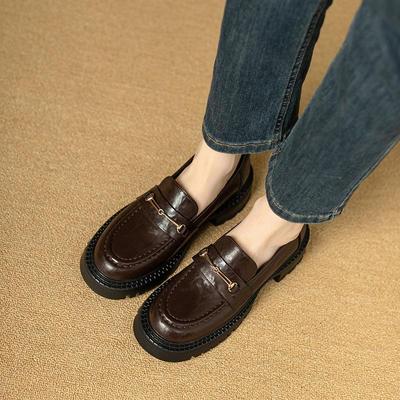 Женские лоферы из натуральной кожи с толстой подошвой и круглым носком 2024 года — ретро-британский стиль, толстый каблук, весна и осень.