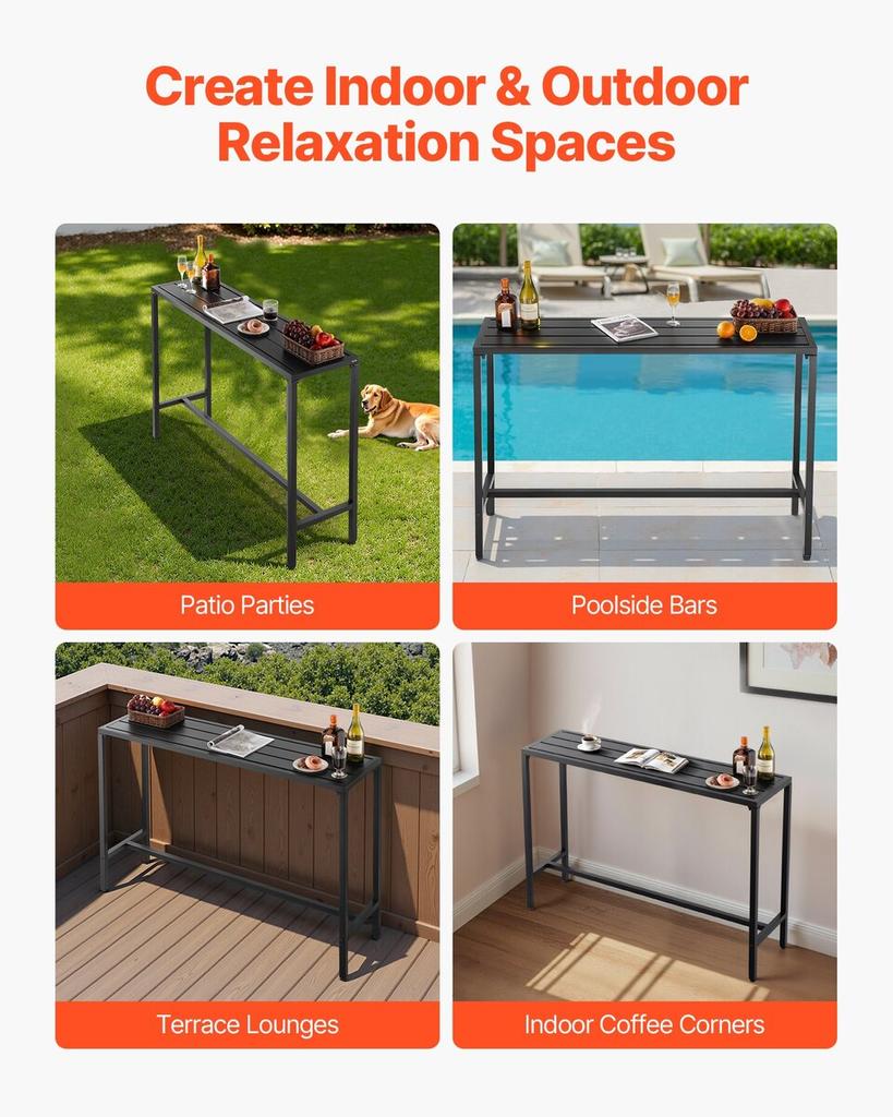 Outdoor Bar Table, 140 x 37.5 cm Patio Bar Table, Waterproof Top & Sturdy Metal Frame, Rectangle Counter Height Dining Tables, Outdoor Furniture for