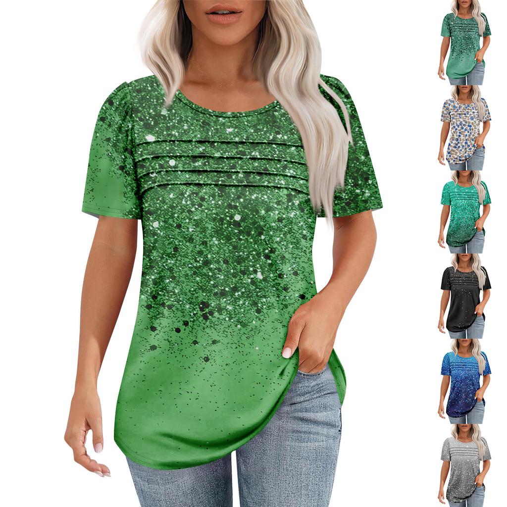 Ladies' Fashionable Printed Round Neck Pleated Short Sleeved Shirt