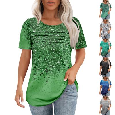 Женская модная рубашка с круглым вырезом и короткими рукавами в складку