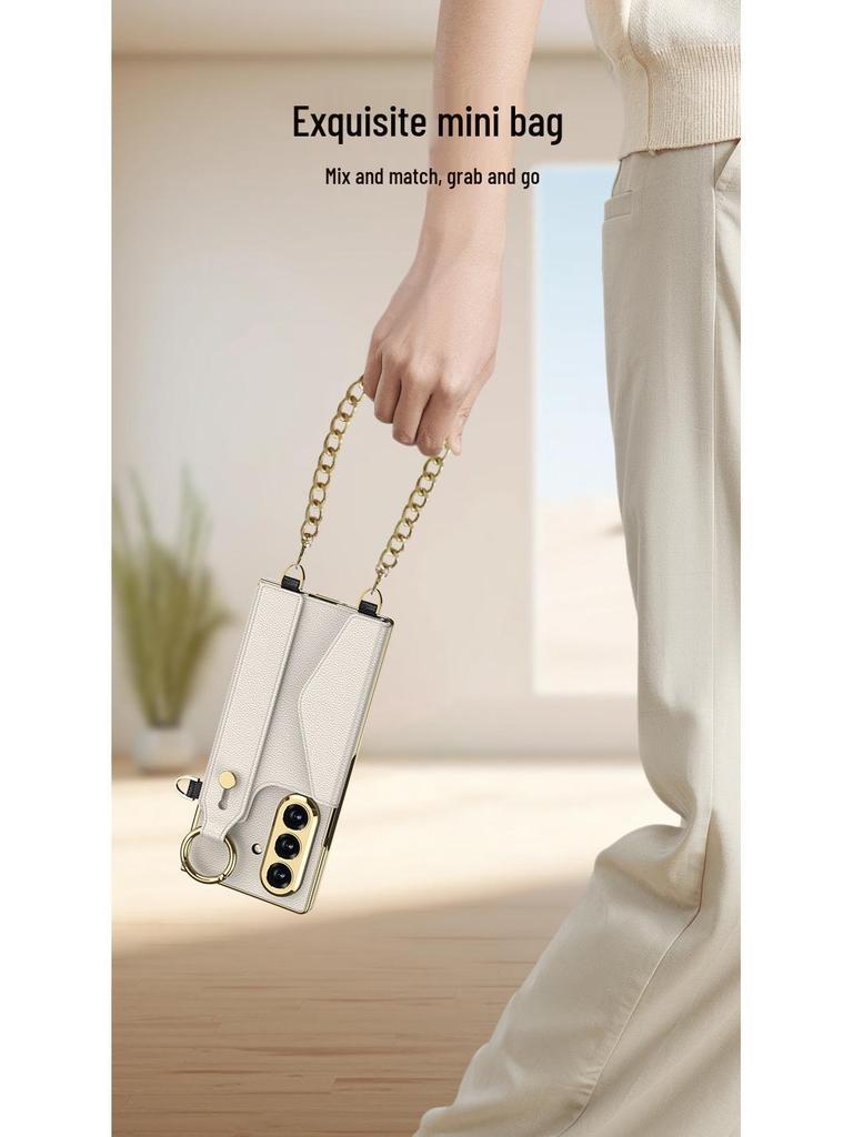 Samsung Z Fold7 Wristband Case: Fashionable Electroplated Leather with Card Holder and Lanyard