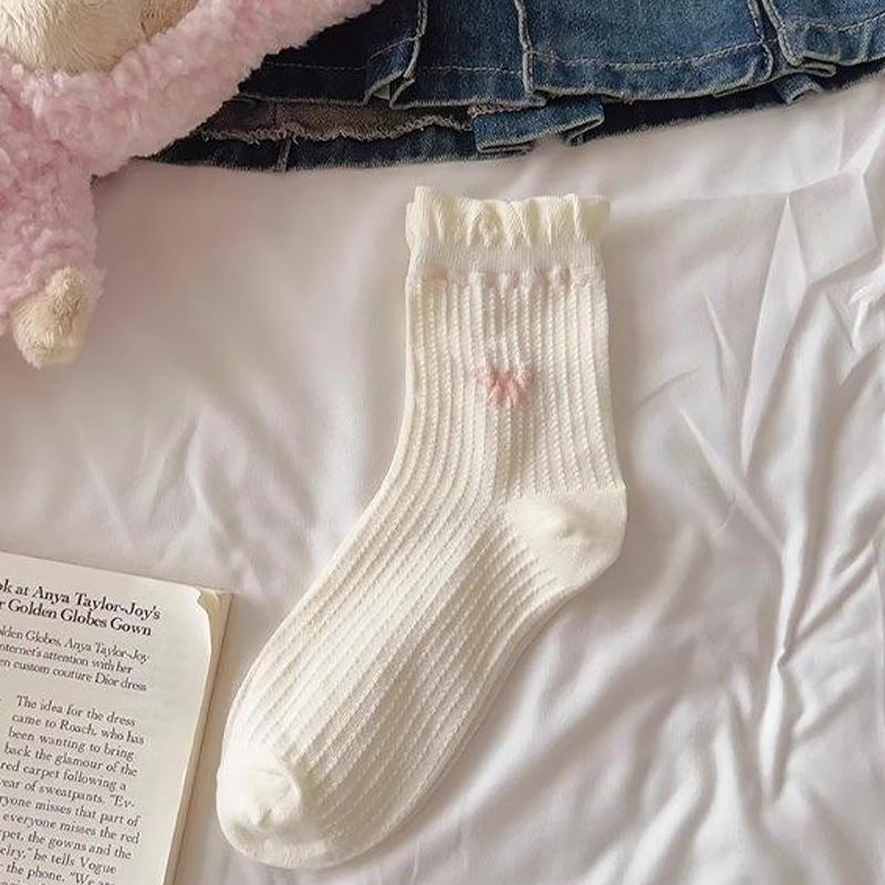 1 Pair Lolita Socks Bow Middle Tube Preppy Style Princess Socks Jk Streetwear