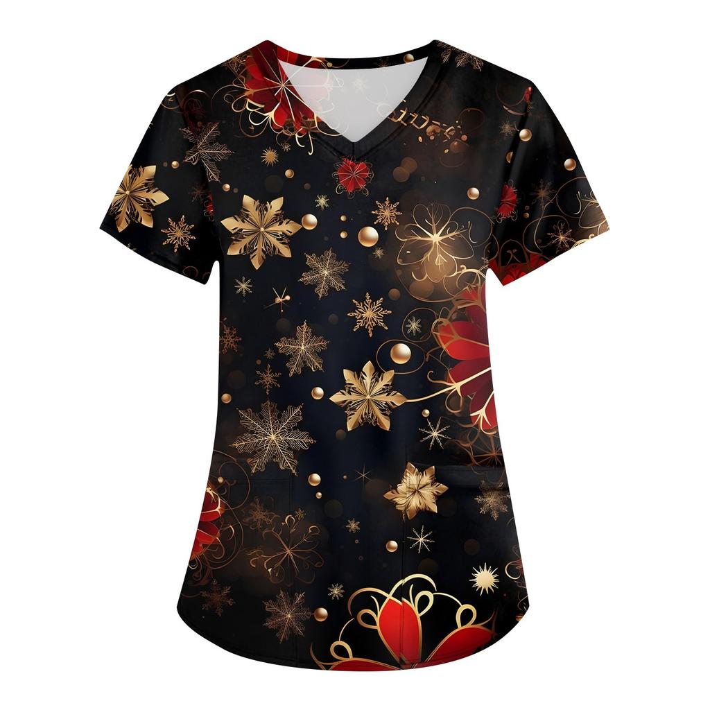 Women's Fashion V-neck Short Sleeve Workwear With Pockets Christmas Printed Tops