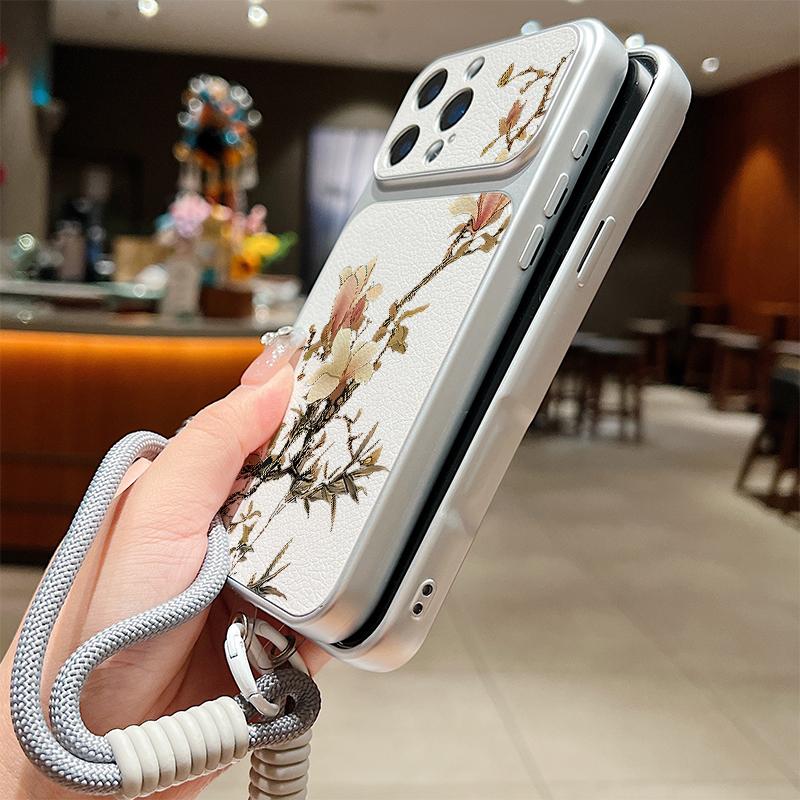 INS Чехол-шнурок с цветочным узором из кожи для iPhone 18 Pro Max Гибридный ТПУ+ПУ Противоскользящая Мягкая крышка для iPhone 17 16 15 14 13 Pro Max