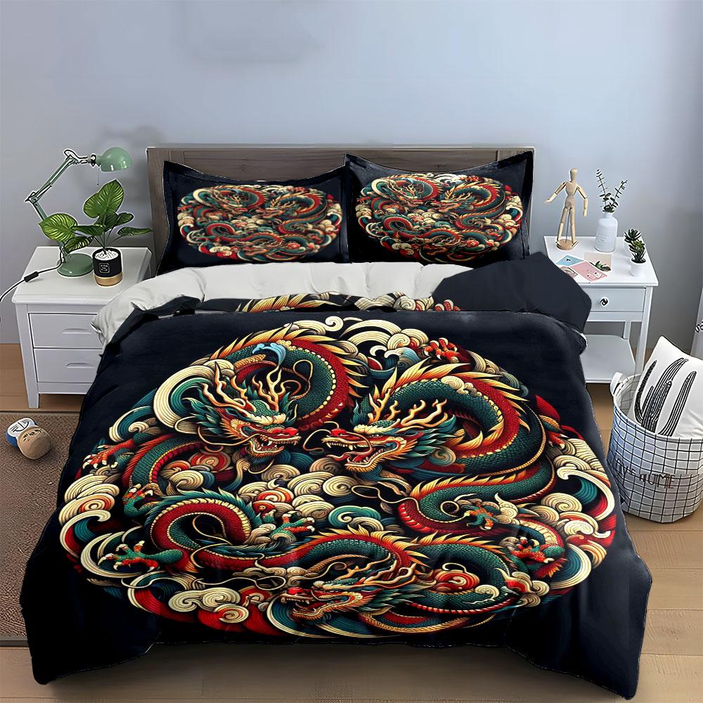 Chinese Dragon Design Set For Decoration  Kid'S And Adults' Bedroom Decor, Exquisite Three-Piece Bedding Set Gift