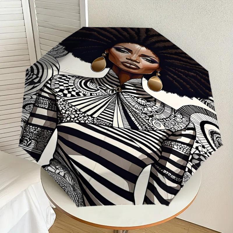1pc African American, Pattern Automatic Open/Close Umbrella Compact Folding Umbrella with 8-Rib Shaft for Women/Men, Portable Travel Umbrella,1223S