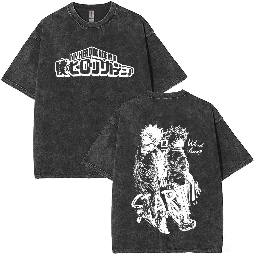 Anime My Hero Academia Shoto Todoroki Vintage Washed Tshirt Men Women Casual Retro Oversized T Shirts Cartoon Harajuku Tshirts
