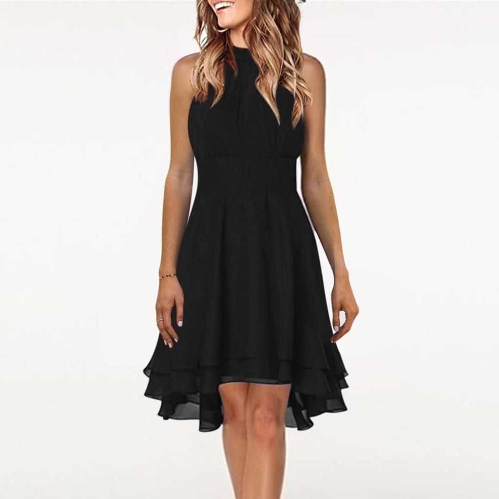 Женское сплошное цветное сексуальное платье трапециевидной формы без рукавов с круглым вырезом и висячим вырезом