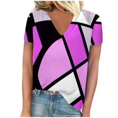 Летний топ с V-образным вырезом, 3D-принтом в стиле колор-блок, модная повседневная женская футболка с коротким рукавом