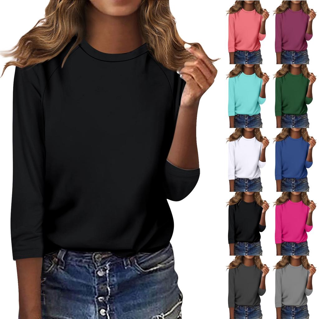Shirt For Women's Fashion Casual Raglan Sleeve Round Neck 3/4 Sleeve Loose Solid Color T-Shirt Ladies Top