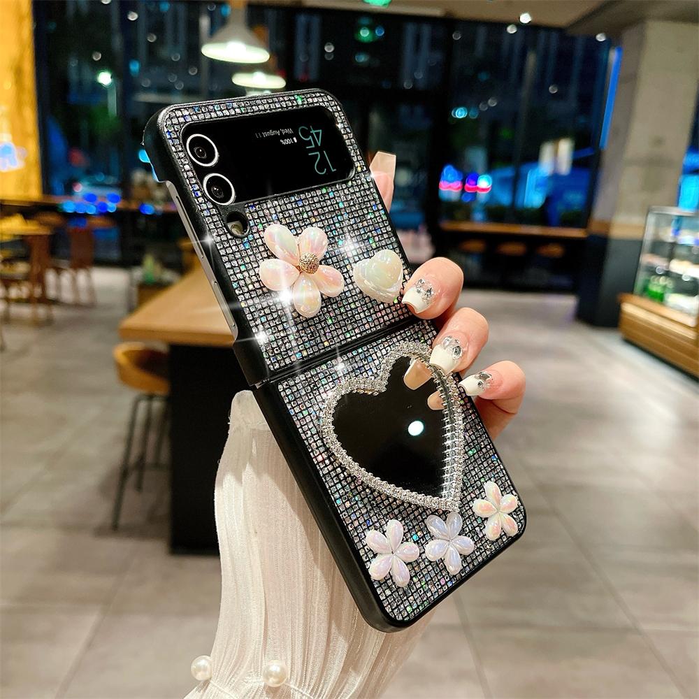 Роскошный чехол для телефона с бриллиантовым сердцем, зеркалом, жемчужным цветком и блестками для Samsung Galaxy Z Flip 3 4 5 6 5G