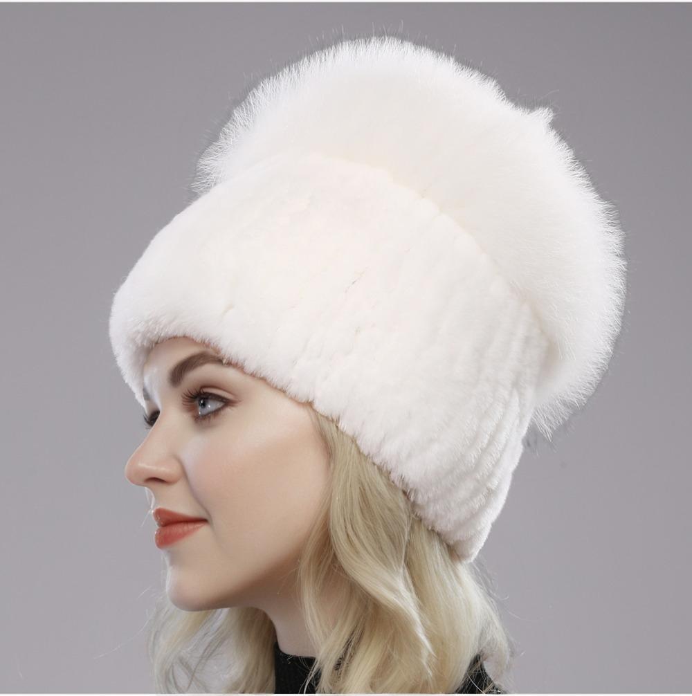 New Women Winter Luxury Real Rex Rabbit Fur Hat Knitted Rex Rabbit Fur Hat Top Natural Fox Fur Cap Genuine Fox Fur Beanies Hat